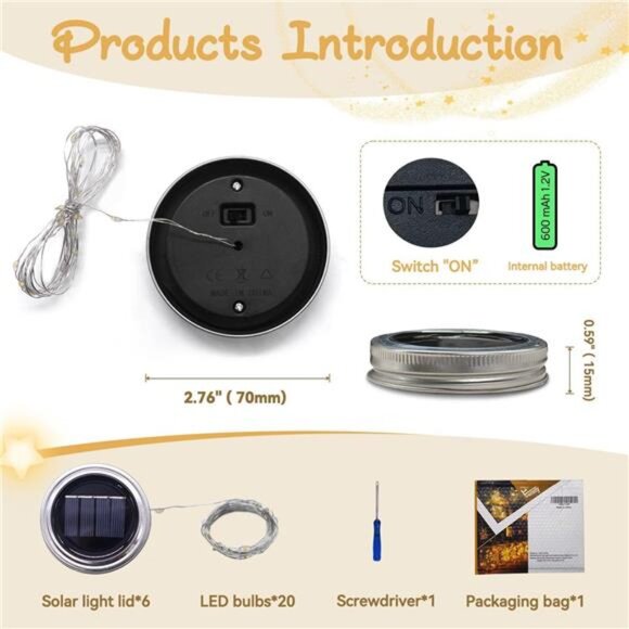 Mason Jar Solar Lights Lids,6 Pack 20 LED Bulbs Solar String Lights Garden Shed - Picture 4 of 7